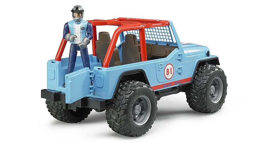 Rückansicht des Rallye-Jeeps mit Überrollkäfig und stehender Fahrerfigur