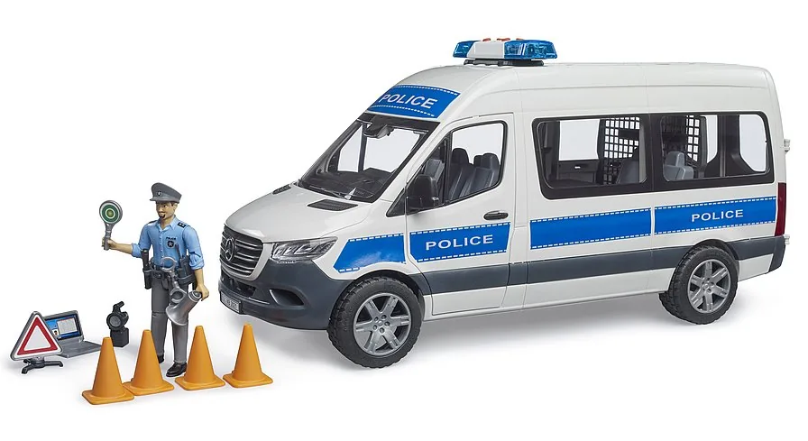 Bruder Mercedes-Benz Sprinter Polizeifahrzeug in Silber-Blau mit Polizist-Figur und Zubehör, 1:16