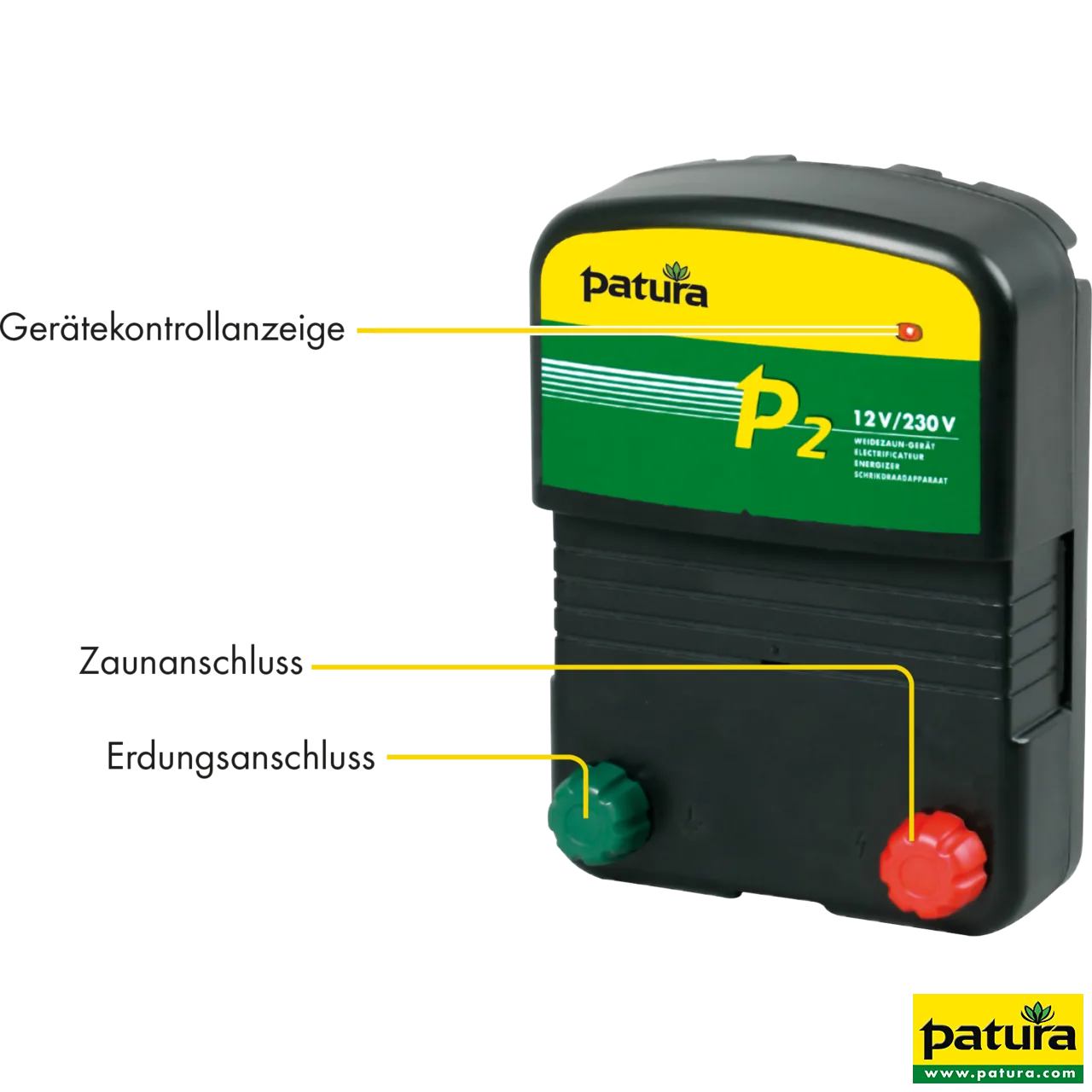 Patura P2 Weidezaun-Kombigerät 230 V und 12 V mit beschrifteten Anschlüssen