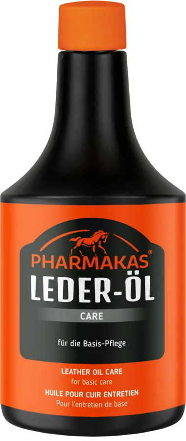 Pharmakas Leder-Öl in der schwarz-orangen Flasche, 500 ml