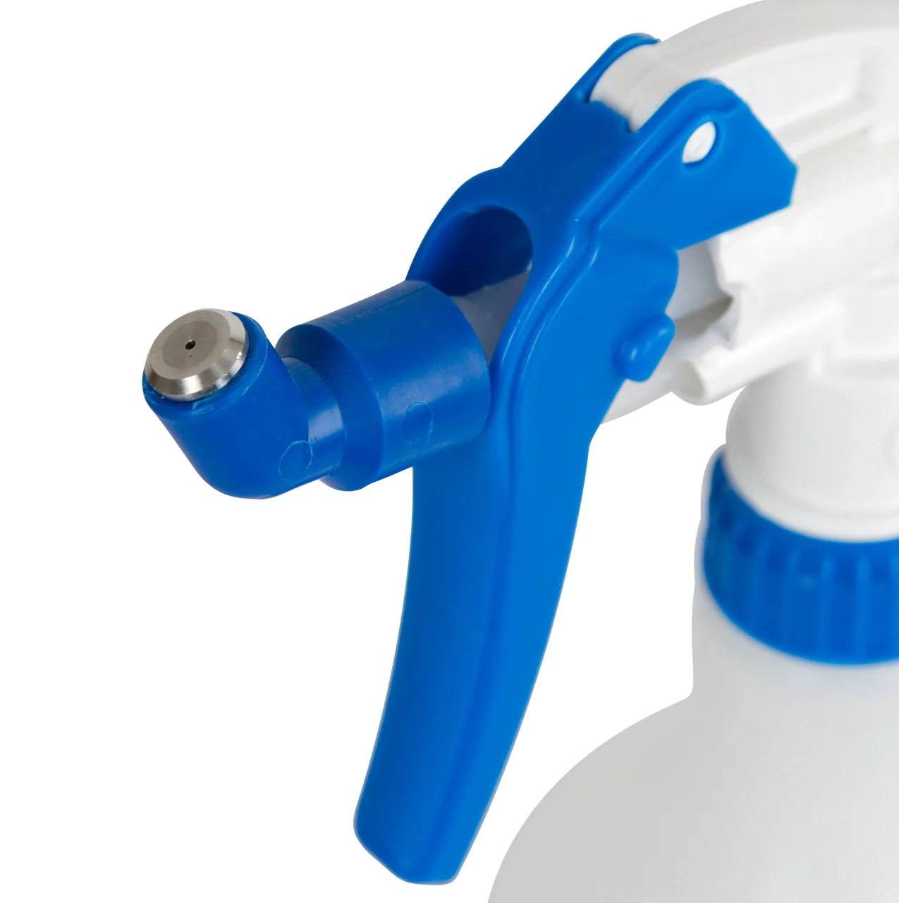 Detail der blauen Sprühpistole mit Metalldüse des Uddero Dipsprayers, Nahaufnahme