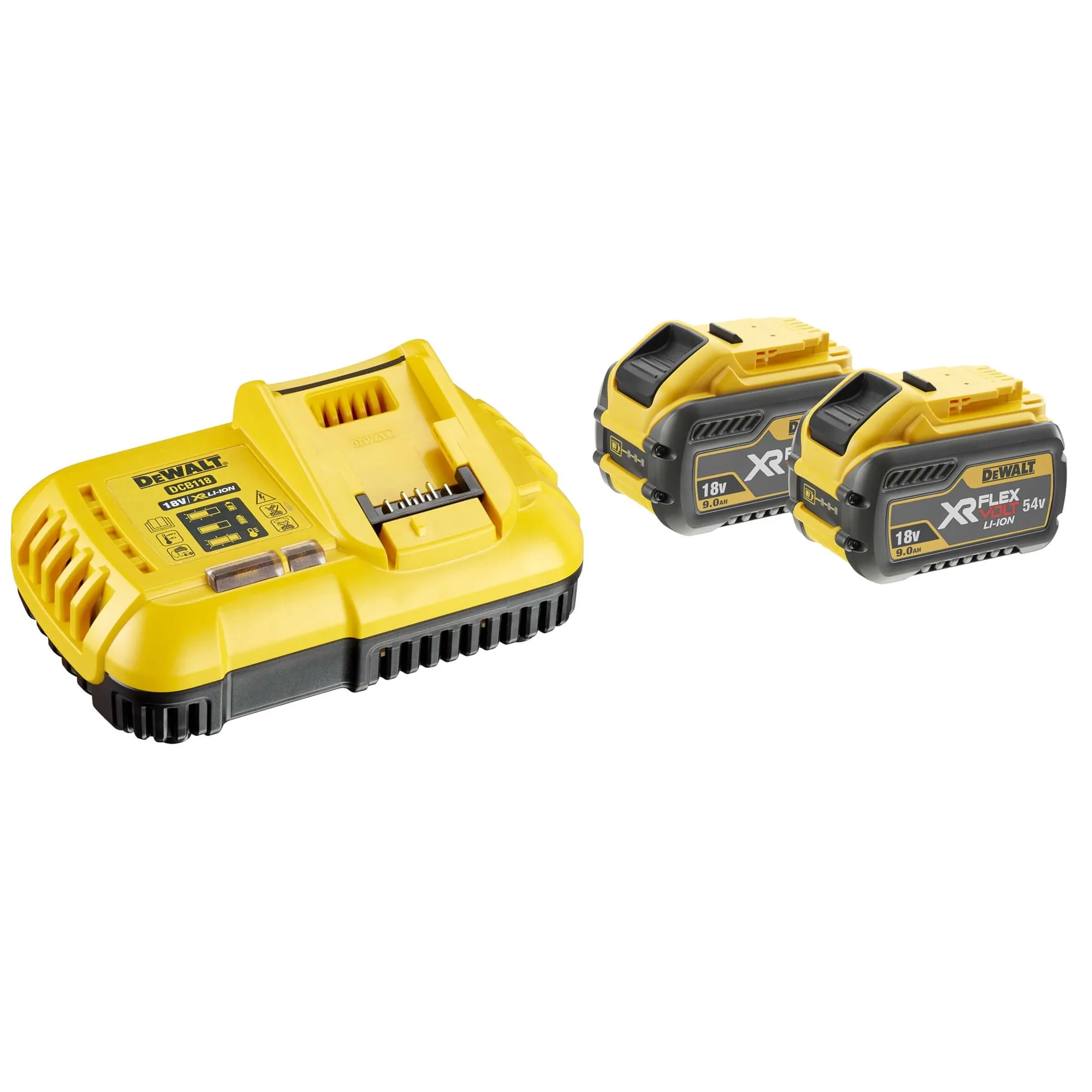 DeWalt DCB118 Akku-Starter-Set mit Schnellladegerät und zwei 9-Ah-FLEXVOLT-Akkus