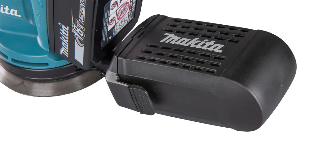 Staubbox am Makita DBO180Z Akku-Exzenterschleifer, Nahaufnahme