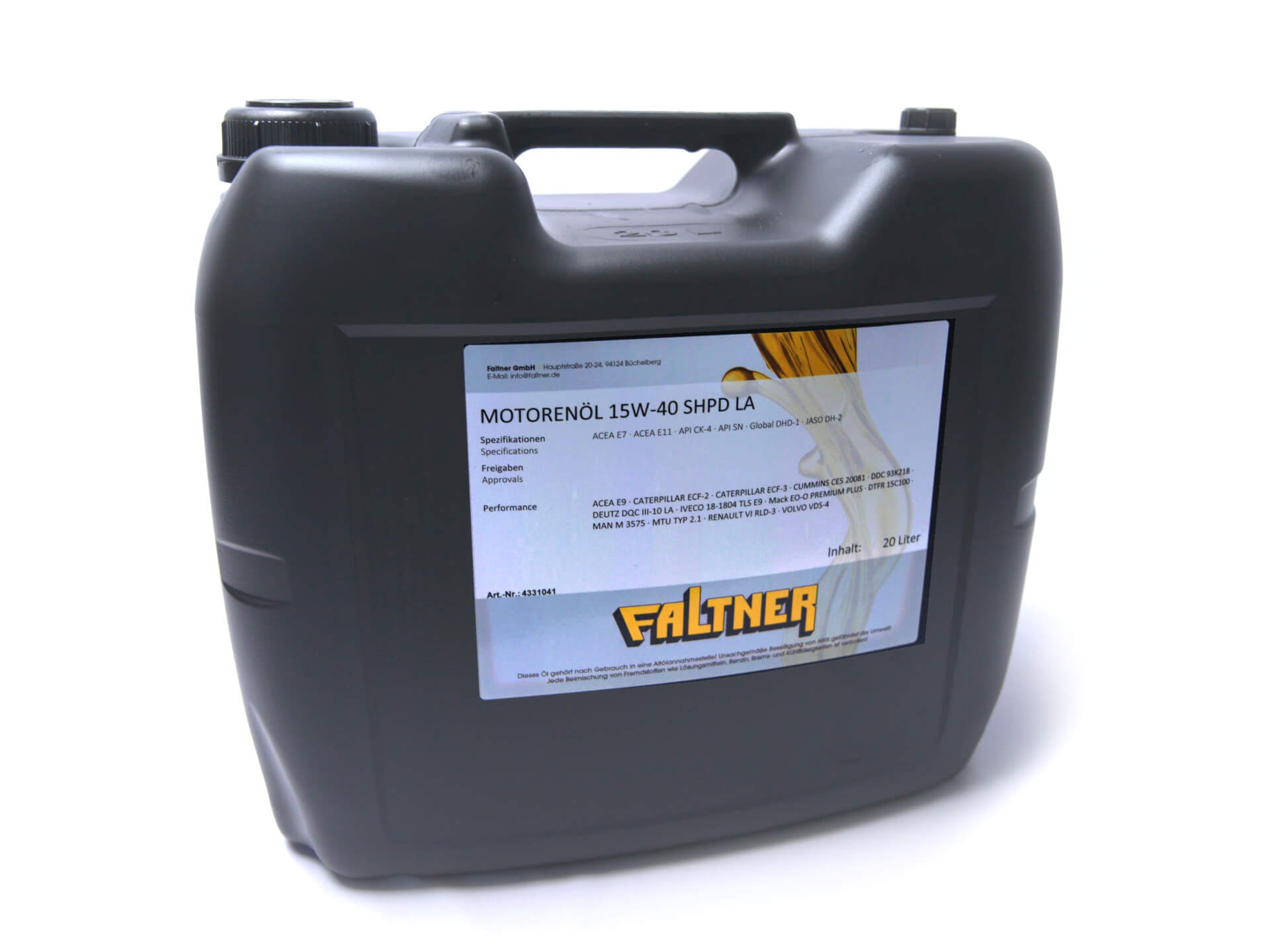 Faltner Motorenöl 15W-40 SHPD LA im schwarzen 20-Liter-Kanister mit Etikett