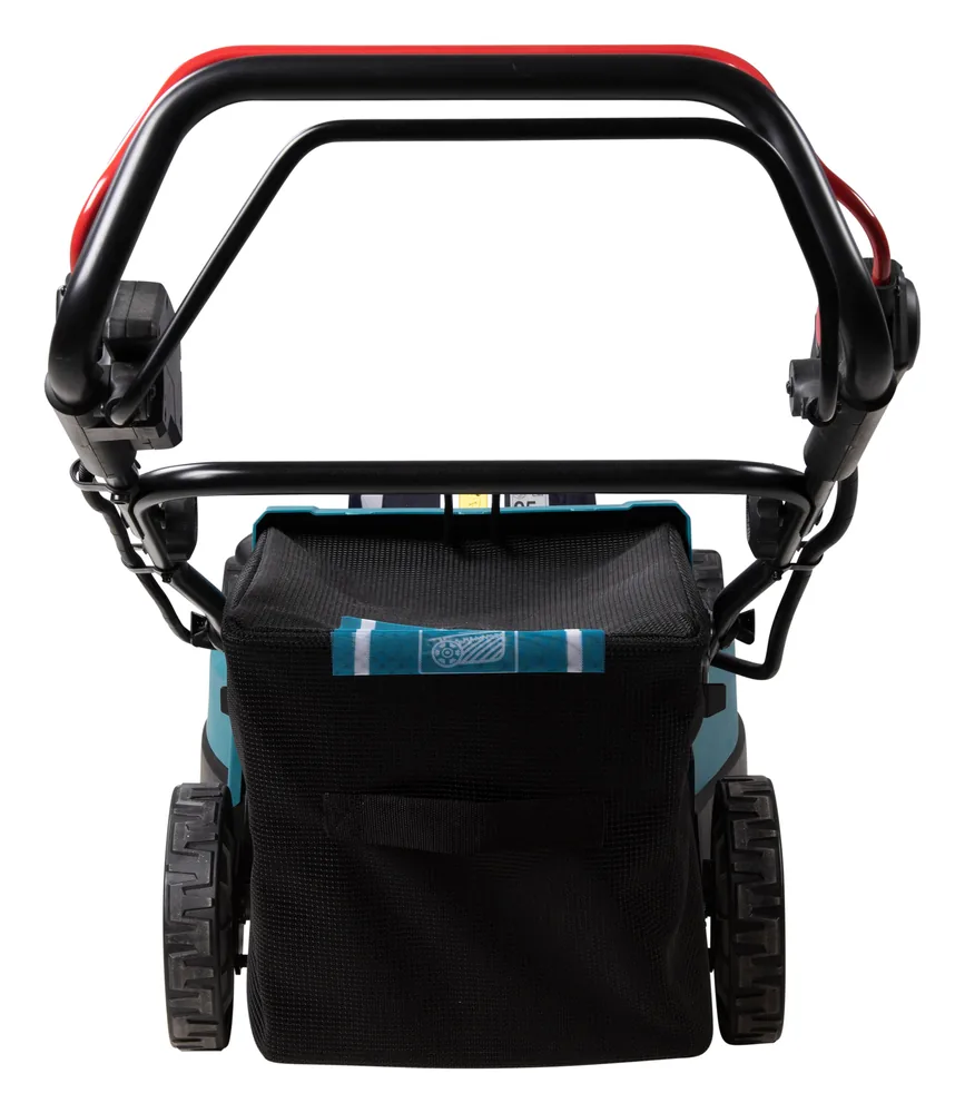 Makita DLM481Z Akku-Rasenmäher mit Fangkorb von hinten