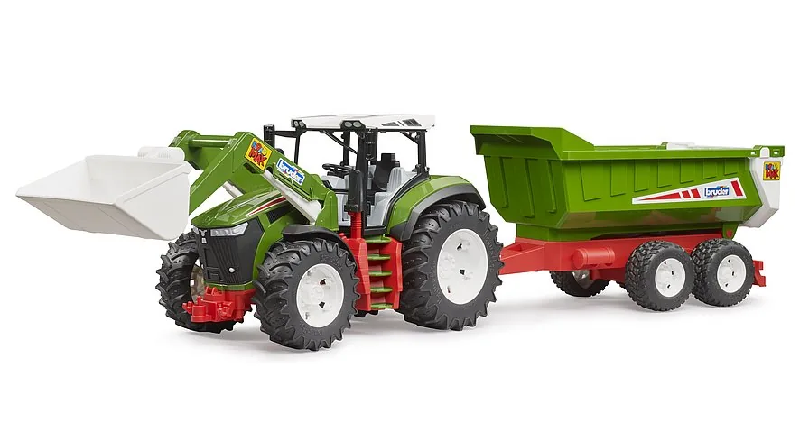 Bruder Traktor in Grün mit Frontlader und grünem Kippanhänger, Spielzeug im Maßstab 1:16