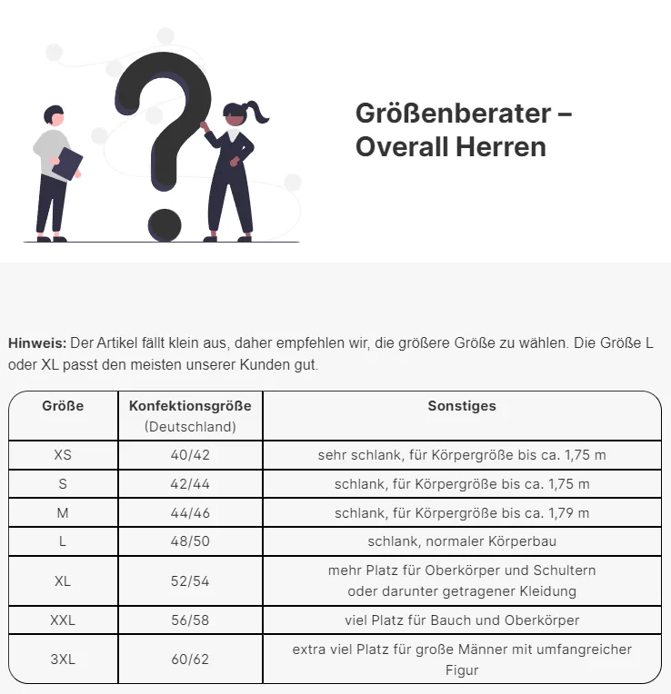 Größenberater-Grafik für den Hairtex Herren-Overall mit Größentabelle