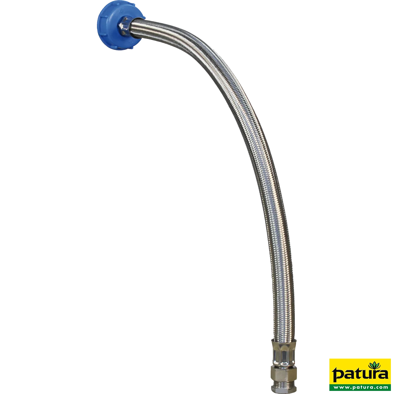Patura Anschluss-Set für IBC-Container mit flexiblem Edelstahl-Panzerschlauch und blauem Anschluss