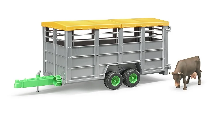 Bruder Viehanhänger in Silber-Gelb mit brauner Kuh, Tiertransporter im Maßstab 1:16