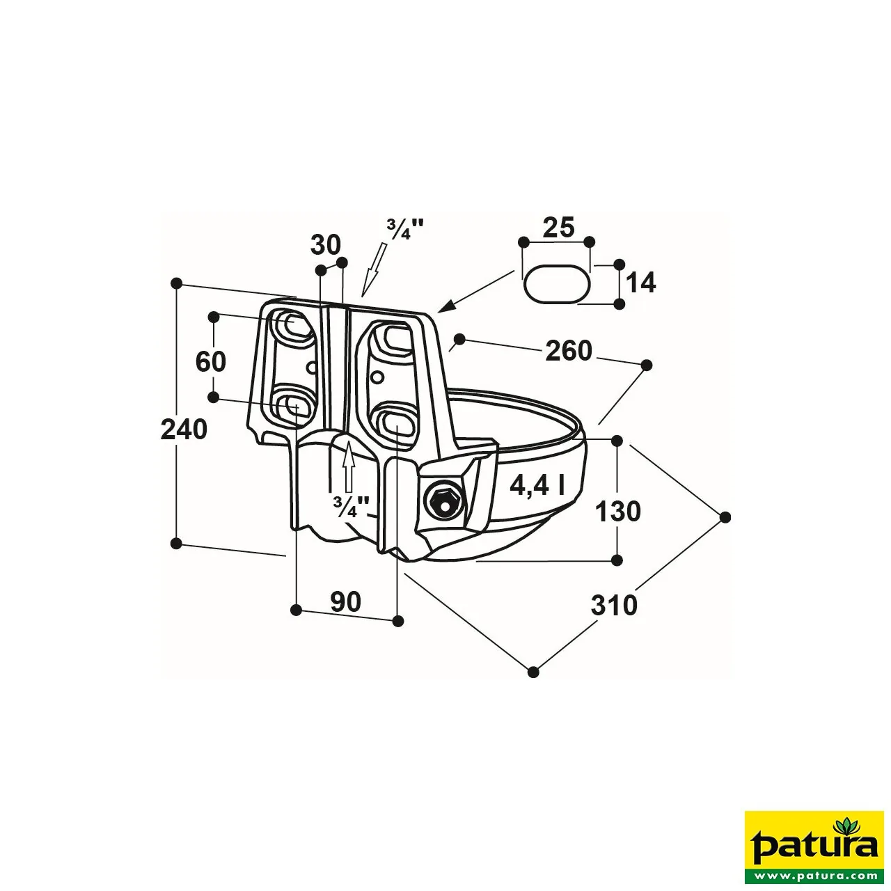 Maßzeichnung des Patura Edelstahl-Rohrventilbeckens Modell 1200 mit 3/4 Zoll Messingventil