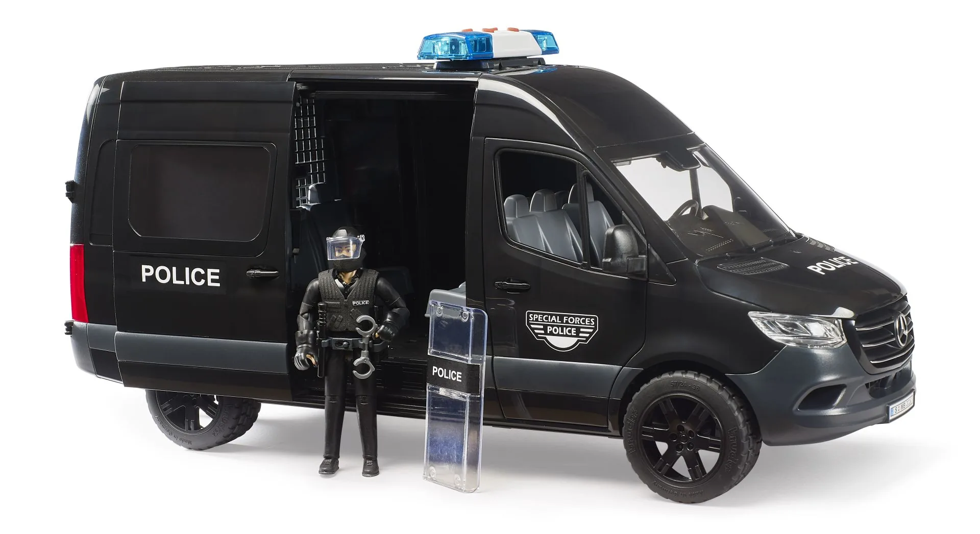 Bruder MB Sprinter Police SEK-Einsatzfahrzeug in Schwarz mit geöffneter Schiebetür und Polizist-Figur