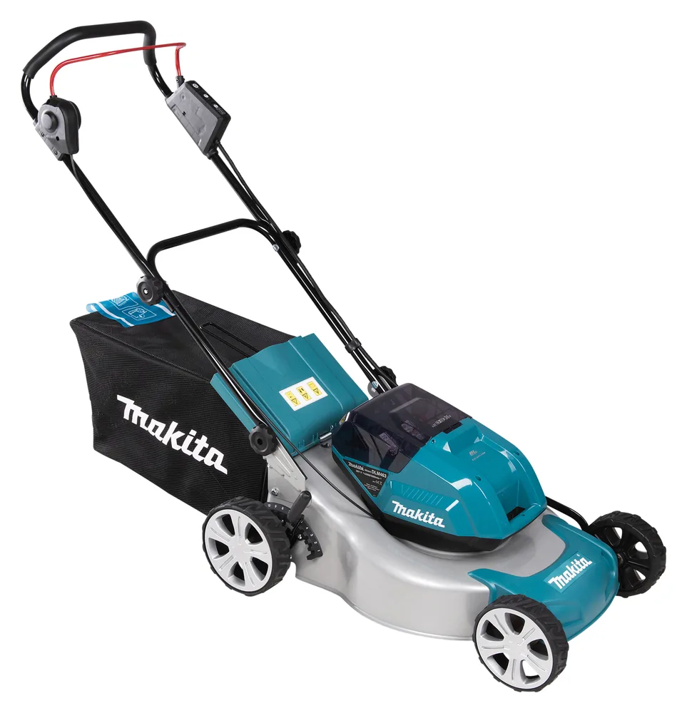Makita DLM463Z Rasenmäher mit Aluminium-Mähdeck, Schrägansicht von vorne