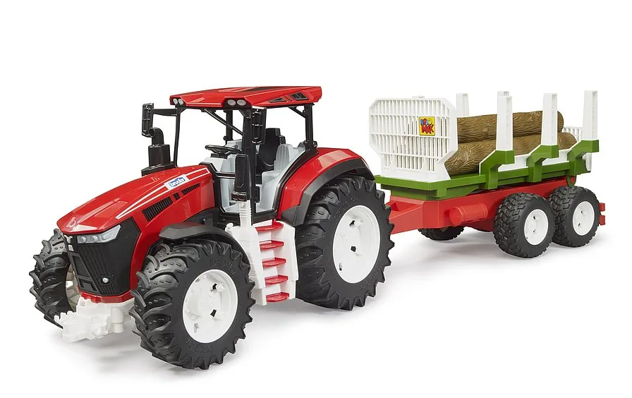 Bruder Traktor in Rot mit Rückeanhänger und Baumstämmen, Forst-Spielset im Maßstab 1:16