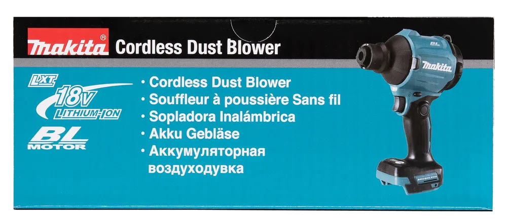 Verpackung des Makita DAS180 Akku-Gebläses mit Produktabbildung