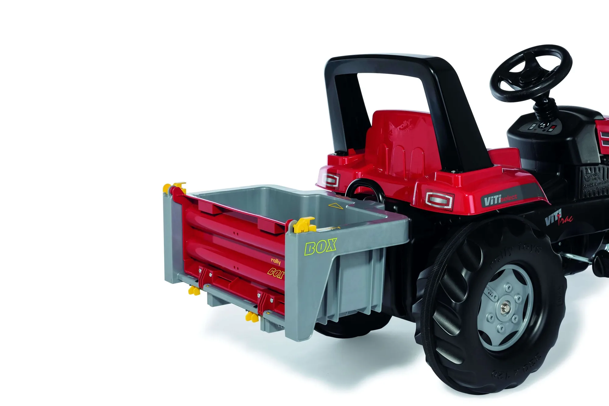 rollyBox 408948 am roten Trettraktor angehängt, Box waagerecht, Heckansicht