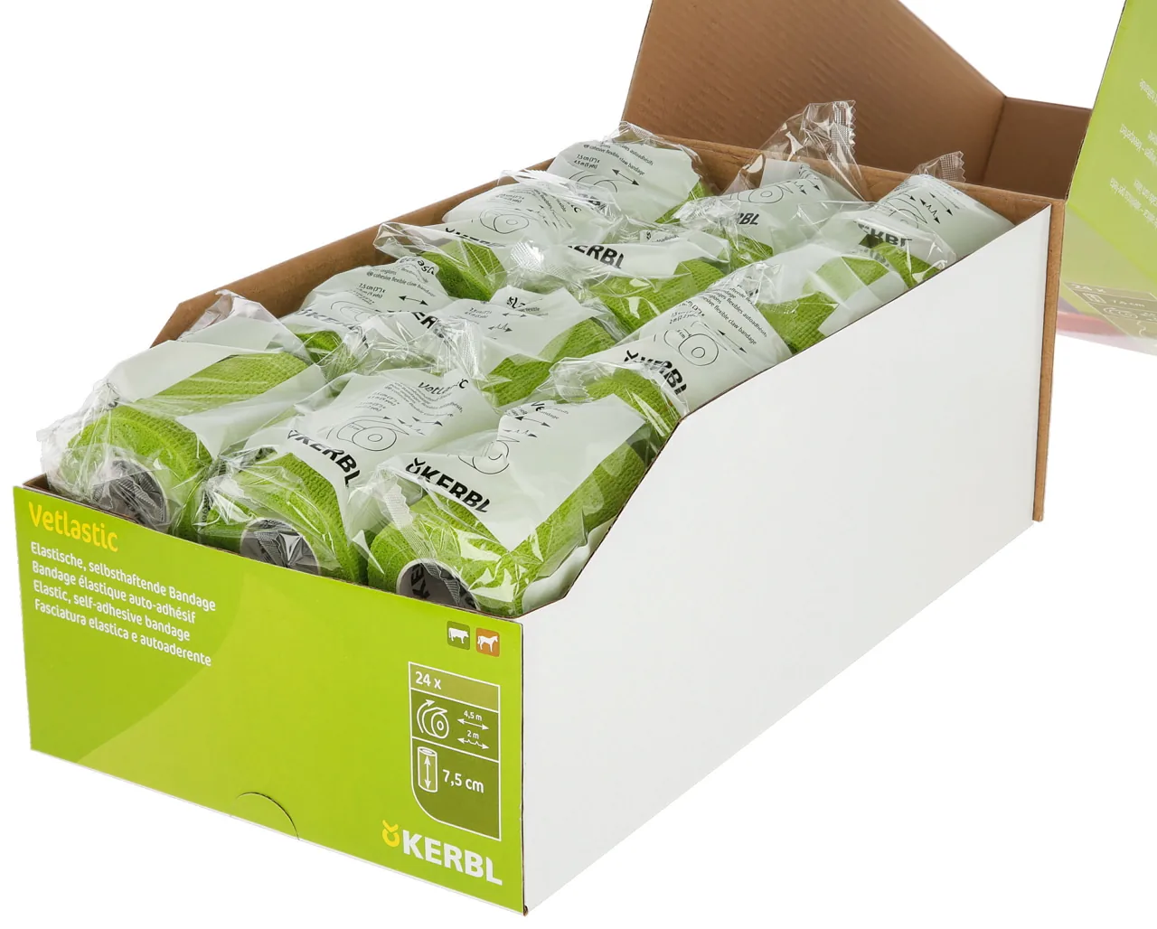 Geöffneter Karton mit einzeln verpackten Kerbl Vetlastic Bandagen