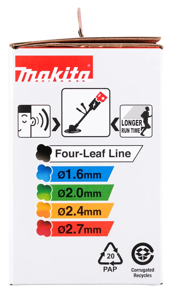 Rückseite der Verpackung des Makita 191D92-5 Trimmerkopfs mit Fadenstärken