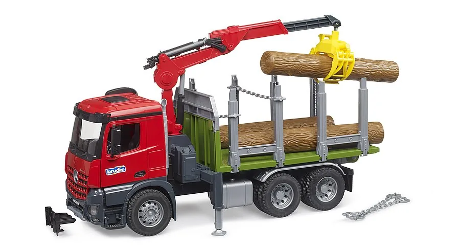 Bruder Mercedes-Benz Arocs Holztransport-LKW in Rot mit Ladekran, Greifer und Baumstämmen, 1:16