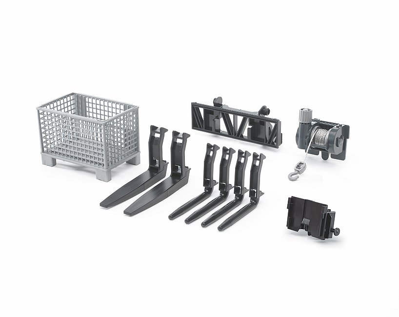 Zubehör-Set (Modell 02318) bestehend aus Seilwinde, Palettengabel, Gitterbox und Adapter