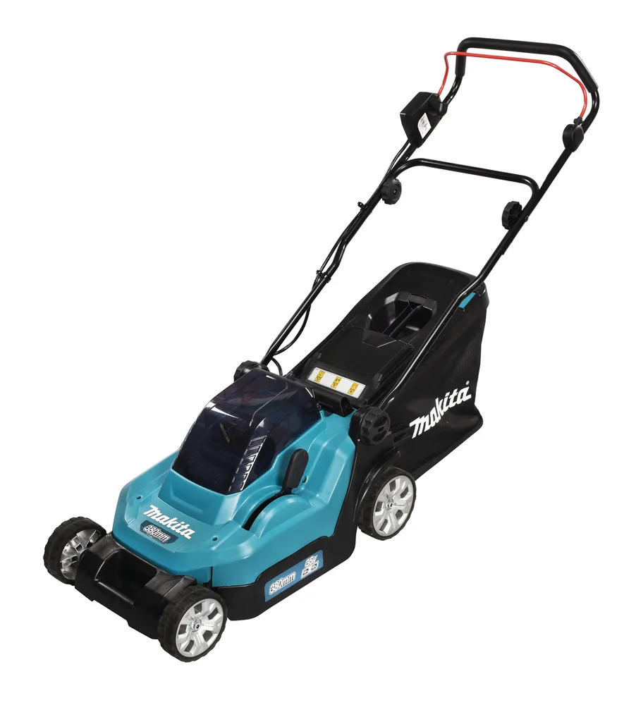 Makita Akku-Rasenmäher DLM382PM2 in Türkis-Schwarz mit Fangkorb