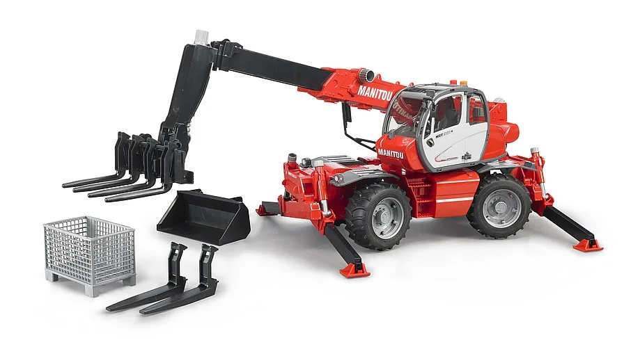 Im Lieferumfang enthaltenes Zubehör: Gitterbox, Palettengabel und Schaufel für den Bruder Manitou