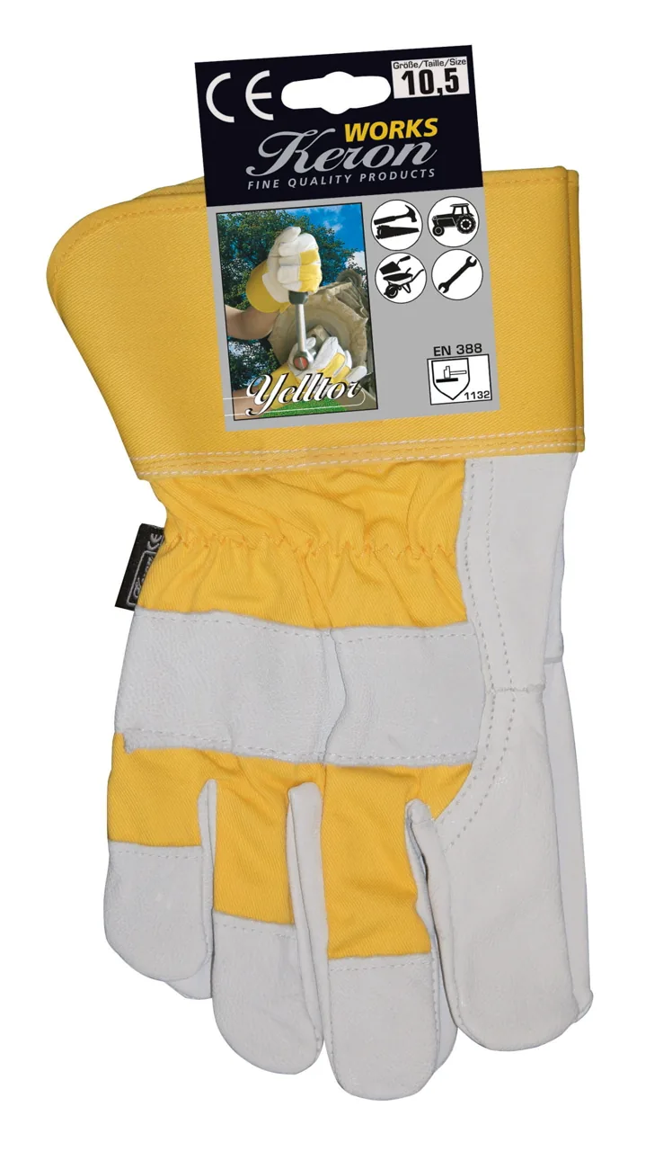 Gelb-weißer Rindslederhandschuh Yelltor mit Verpackung, Produktfoto