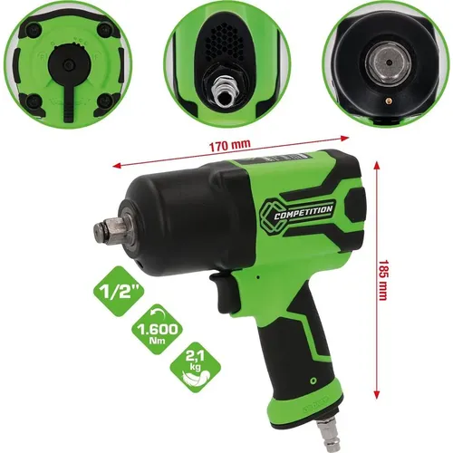 KS Tools 512.0020 Competition Druckluft-Schlagschrauber in Grün-Schwarz mit Maßangaben