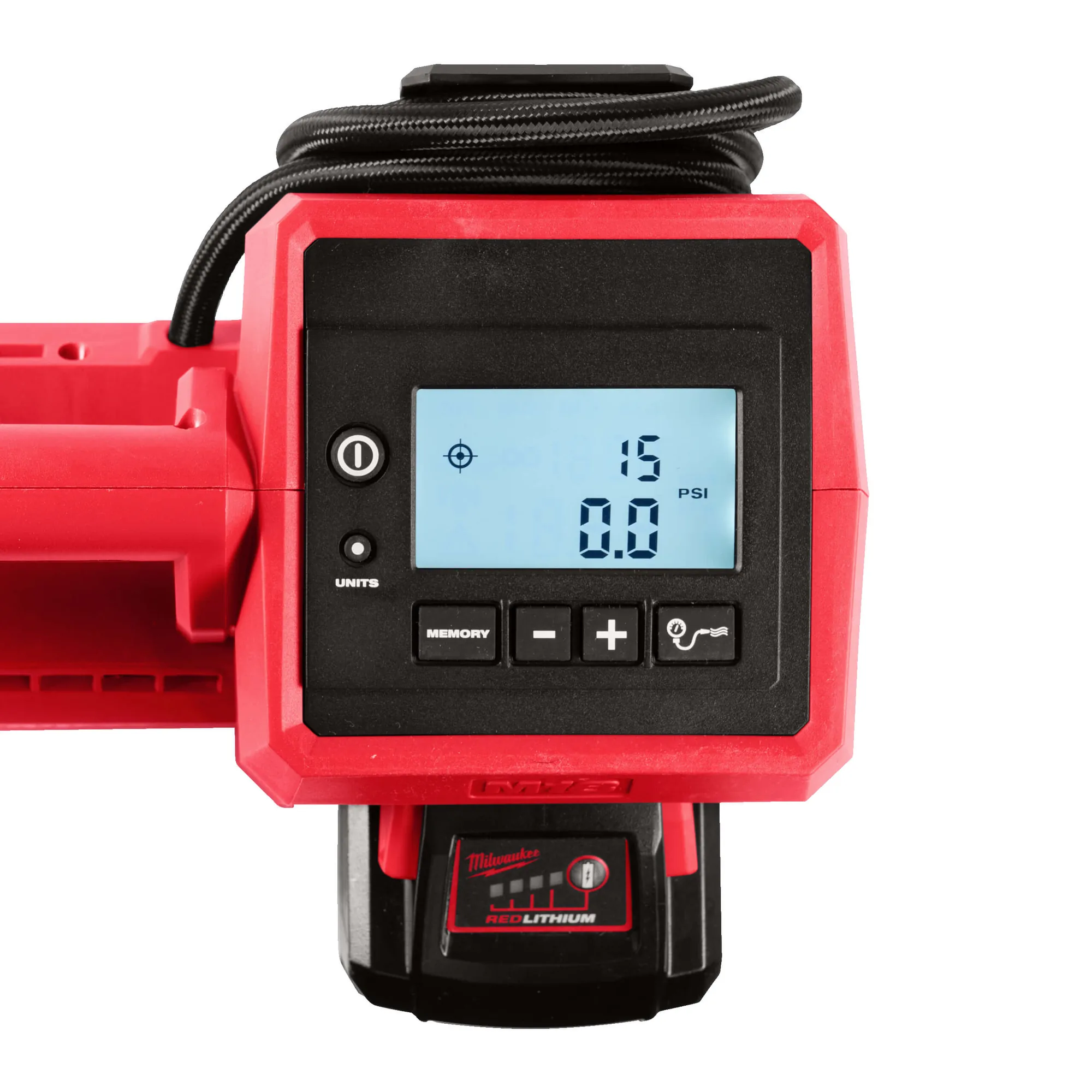 Digitalanzeige des Milwaukee M18 BI-0 Akku-Kompressors, Nahaufnahme