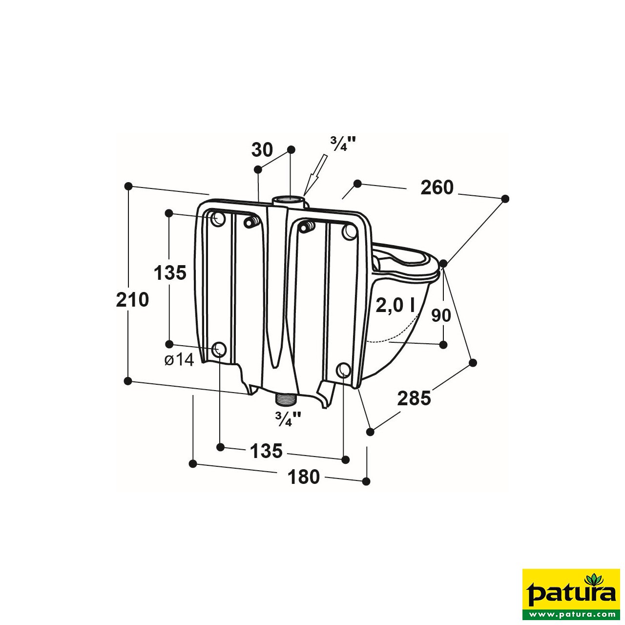 Heizbares Rohrventil-Becken Modell 46 von Patura mit 3/4" Messingventil