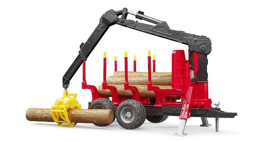 Bruder Rückeanhänger in Rot mit Ladekran, Holzgreifer und Baumstämmen, Forstmodell 1:16