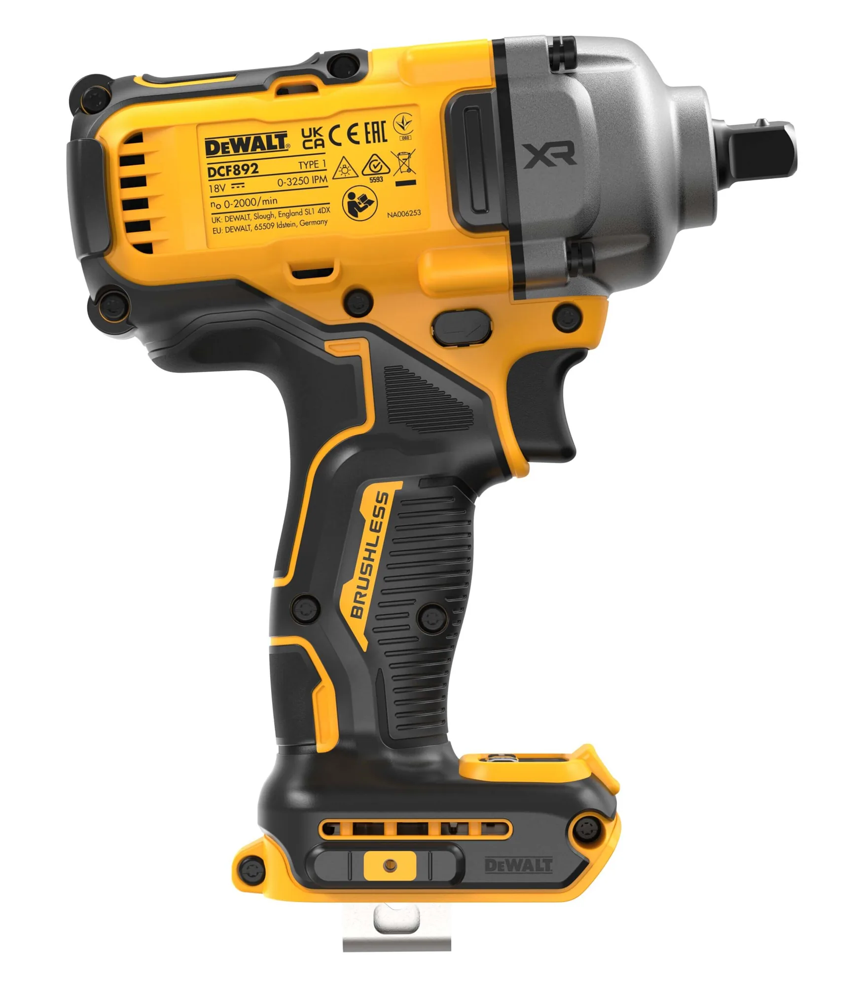 DeWalt DCF892NT Akku-Schlagschrauber, Rückansicht mit Typenschild
