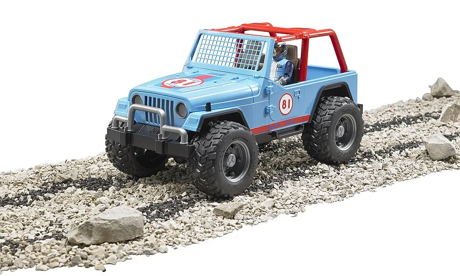 Action-Szene: Blauer Bruder Jeep Racer fährt über eine Schotterpiste