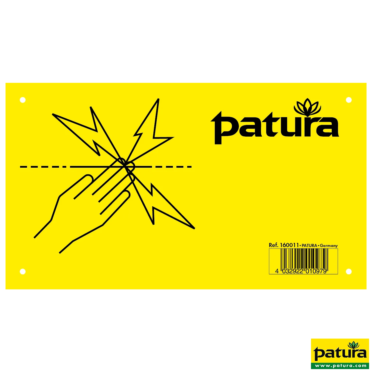 Patura Warnschild „Vorsicht Elektrozaun“ in Gelb mit Hand- und Blitzsymbol