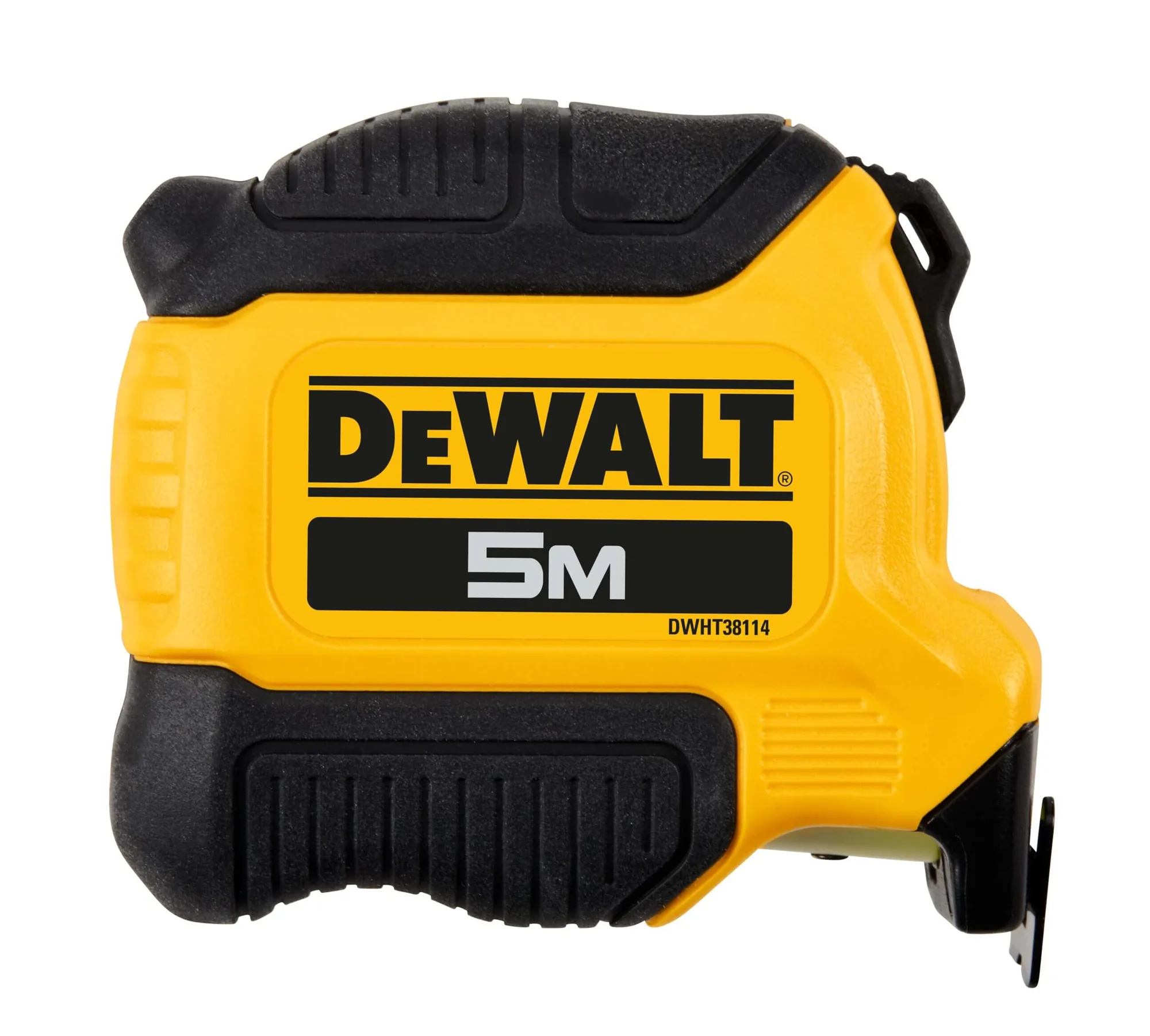 DeWalt DWHT38114-0 5m Kompaktmaßband in Seitenansicht mit gummiertem Gehäuse