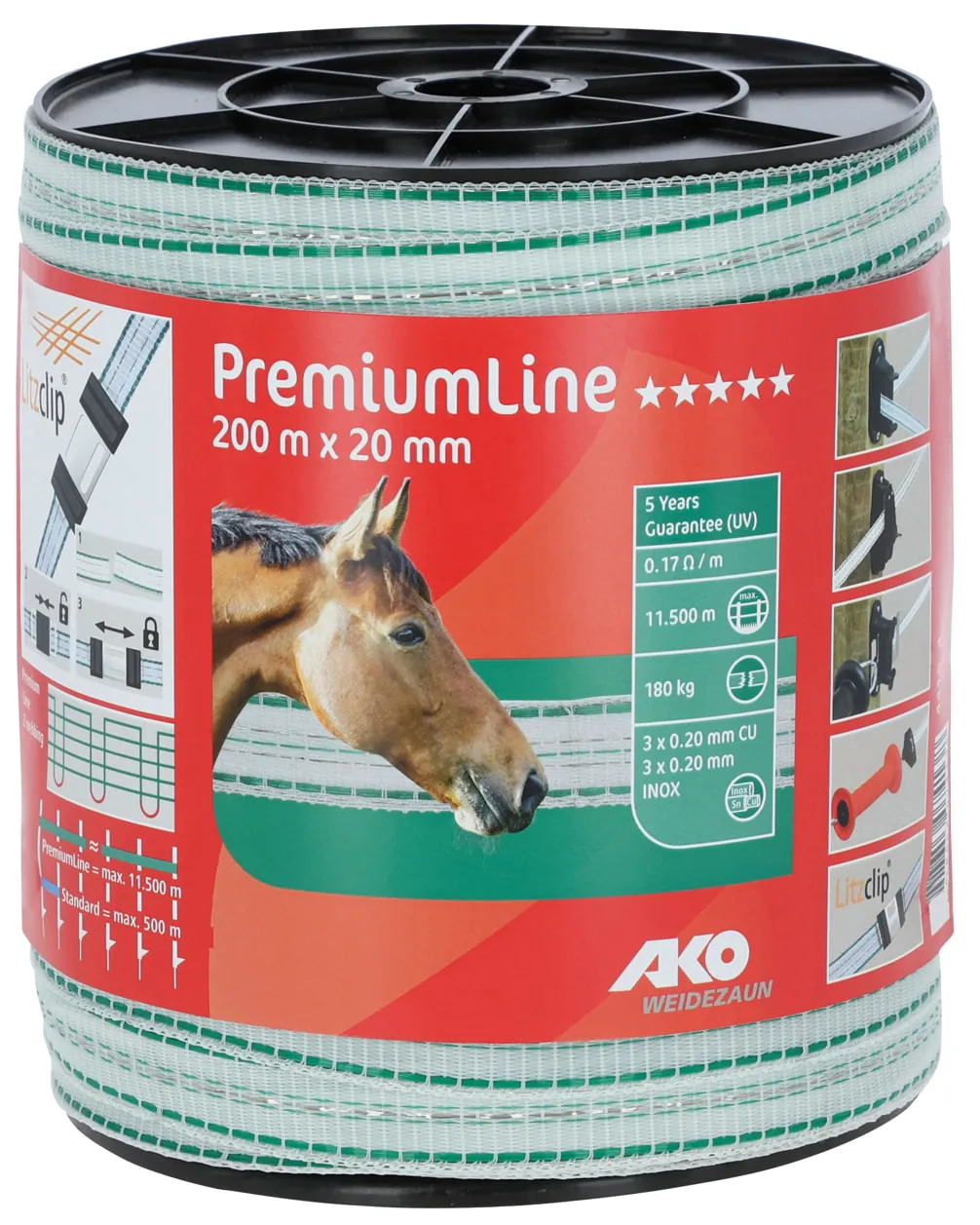 AKO PremiumLine Weidezaunband 20 mm weiß-grün auf 200-m-Rolle mit Edelstahl- und Kupferleitern