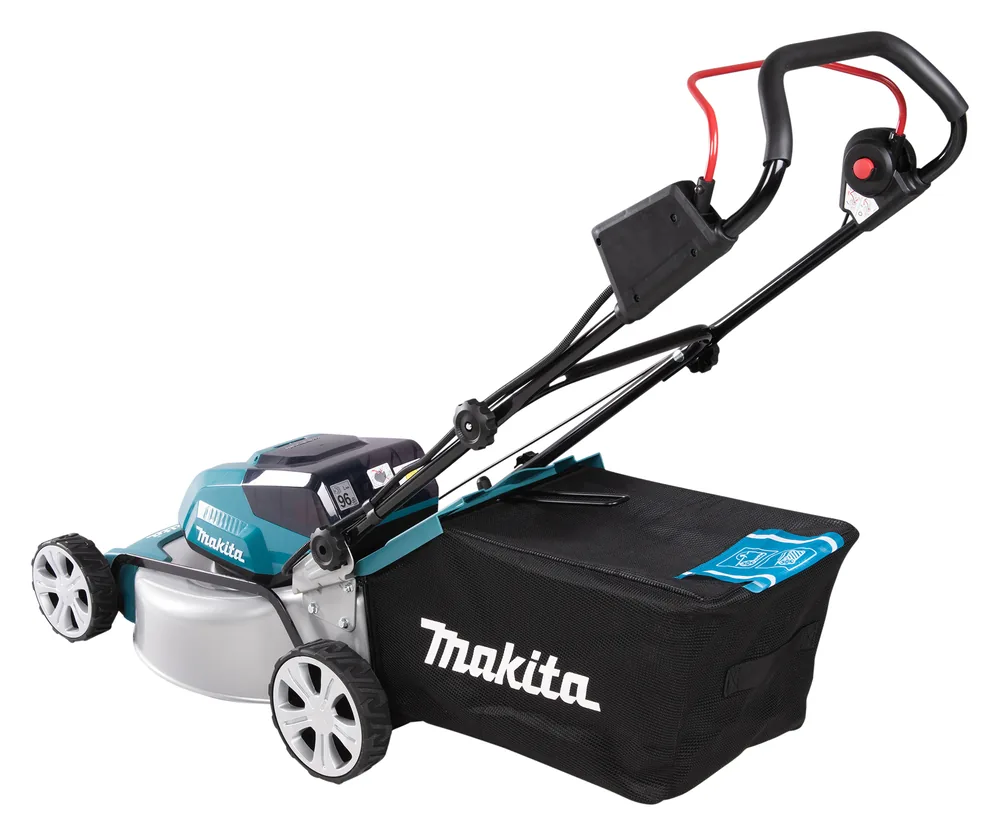 Makita DLM463Z Rasenmäher mit Fangkorb in Schräg-Heckansicht