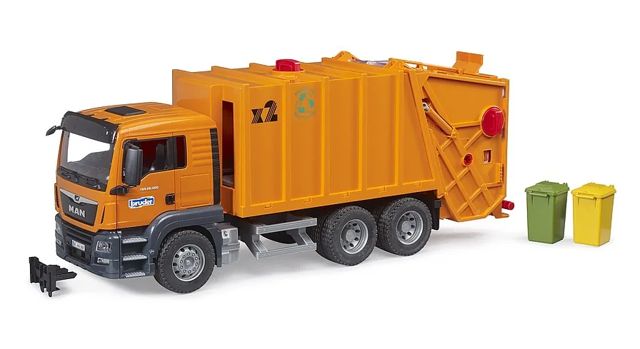 Bruder MAN TGS Müll-LKW in Orange mit Mülltonnen, Abfallfahrzeug im Maßstab 1:16