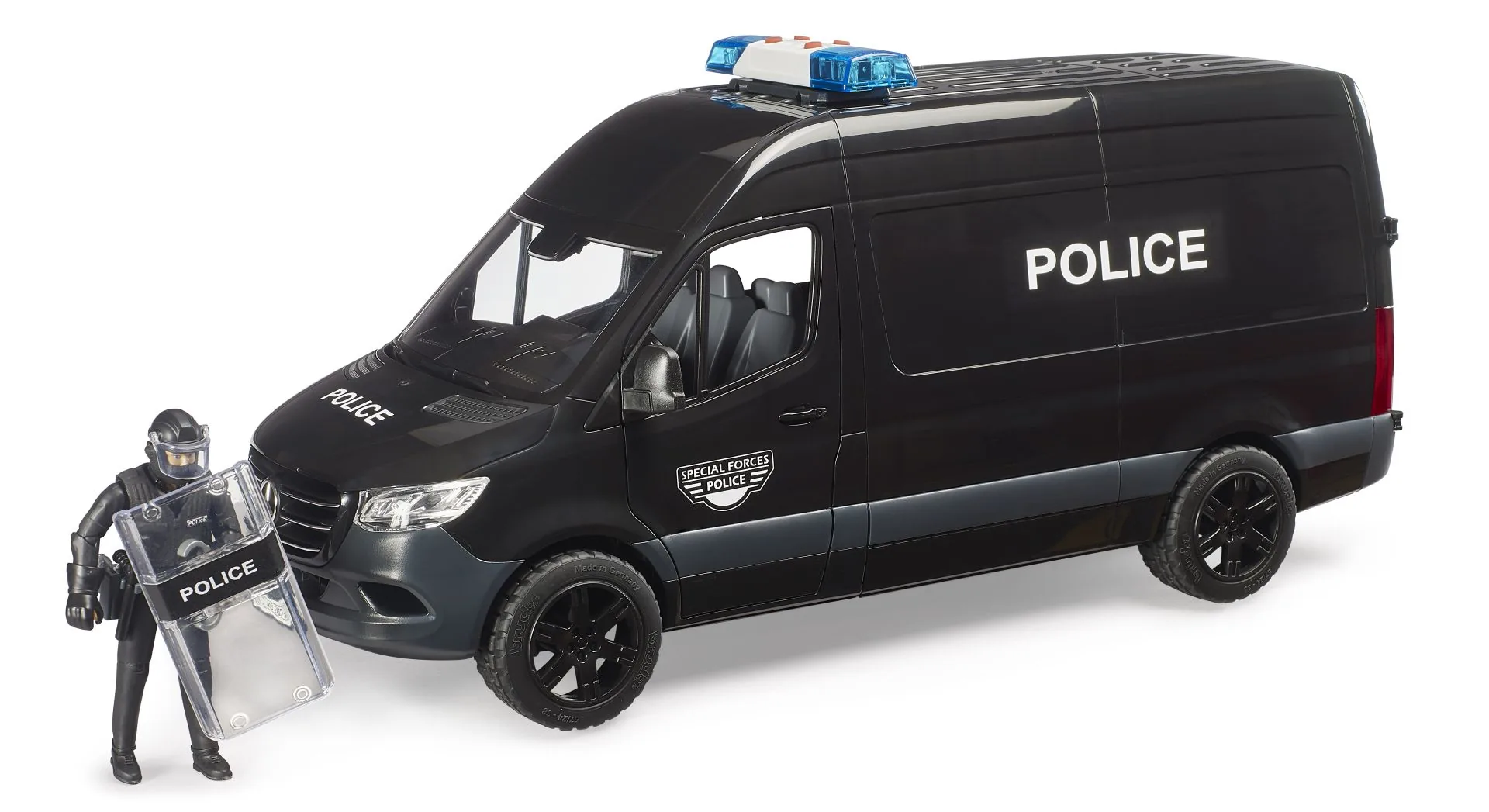 Bruder 02685 Mercedes-Benz Sprinter Police Special Forces in Schwarz mit SEK-Figur und Schild, 1:16