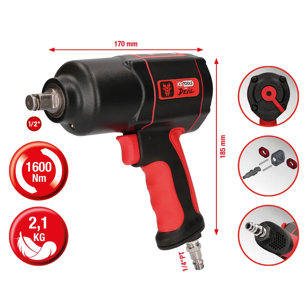 KS Tools THE DEVIL 1/2-Zoll-Schlagschrauber in Rot-Schwarz, Druckluft-Werkzeug