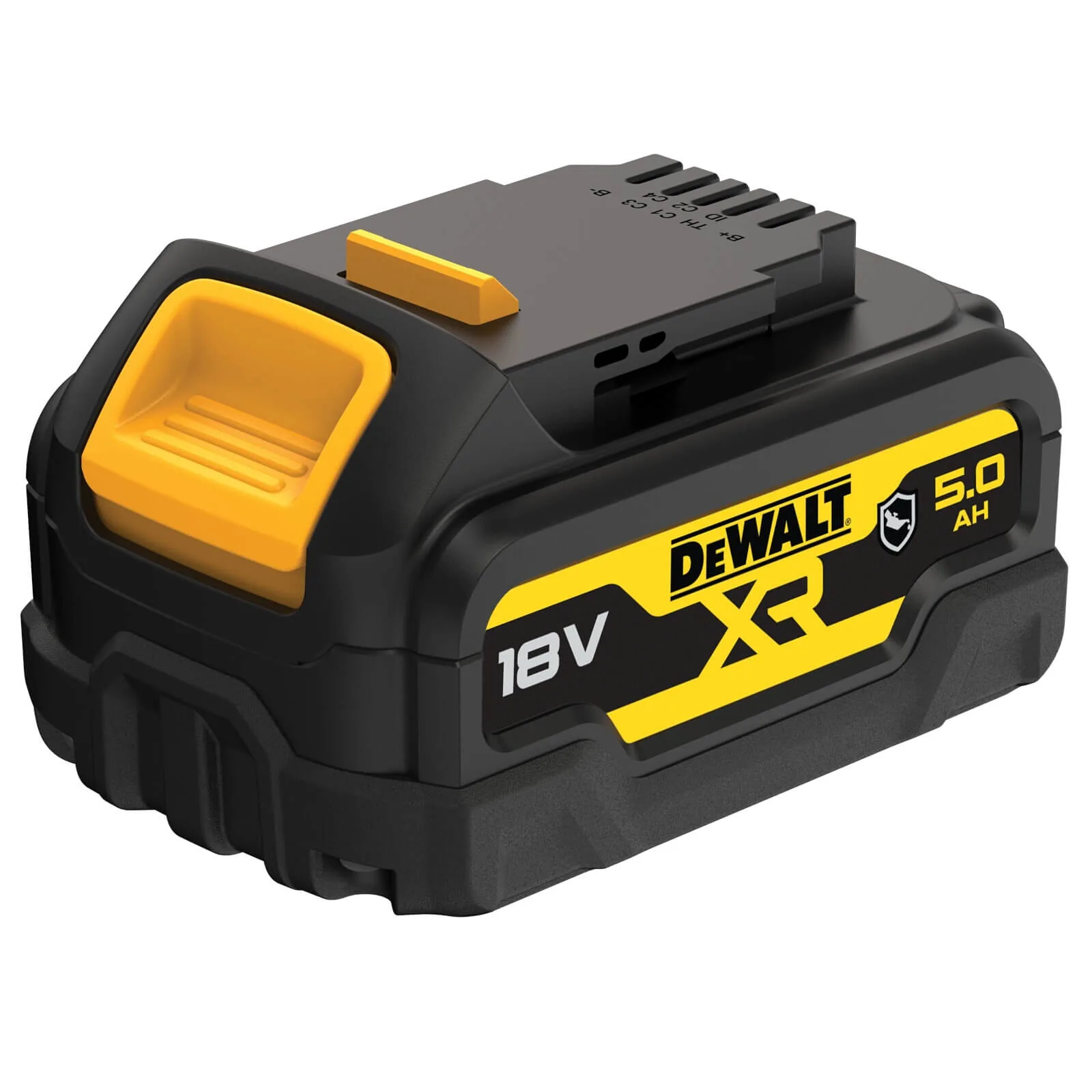 DeWalt DCB184 18V 5,0 Ah XR Akku mit Entriegelungstaste, Schrägansicht