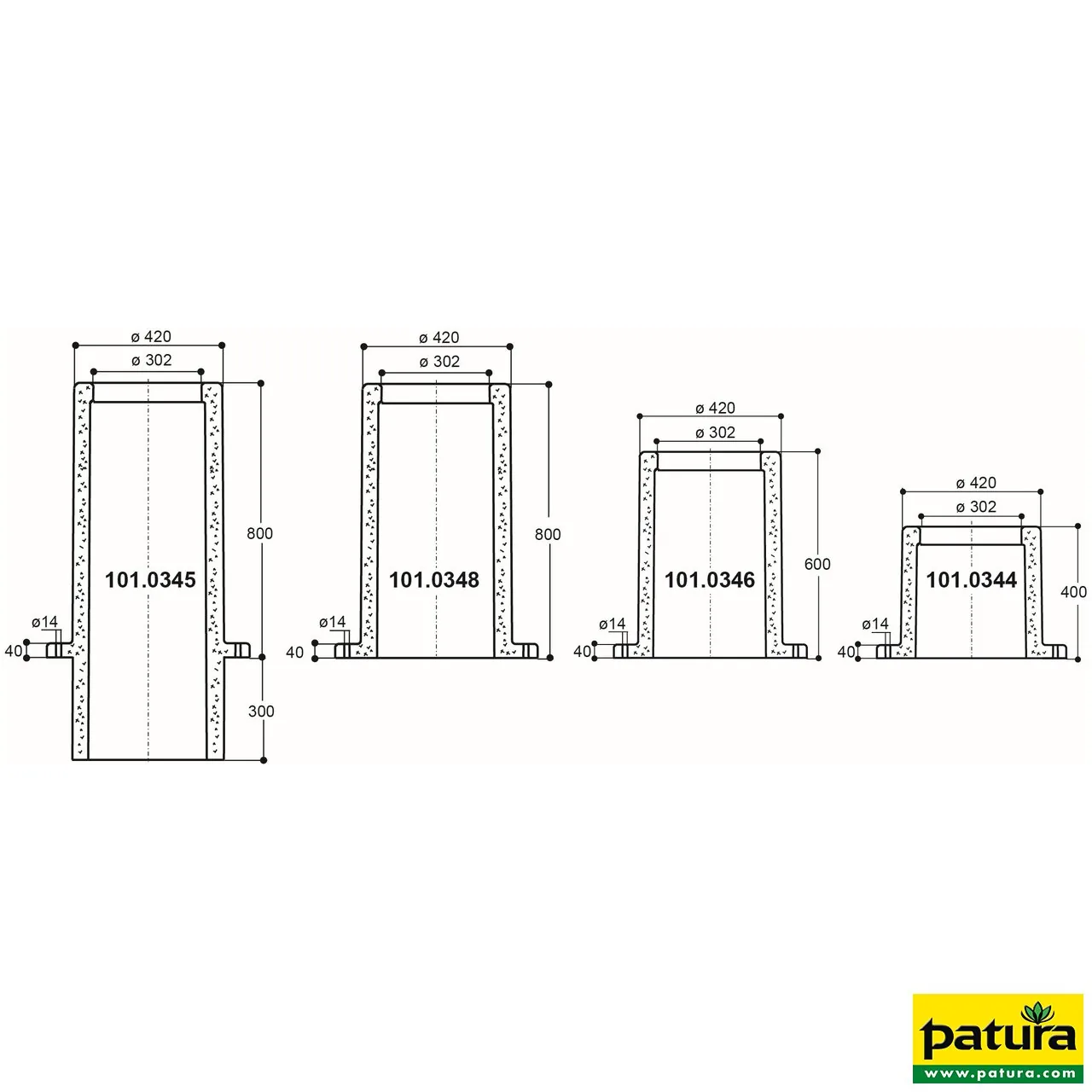 Maßzeichnung der Patura Thermo-Röhren 600 mm für Tränkebecken in vier Größen
