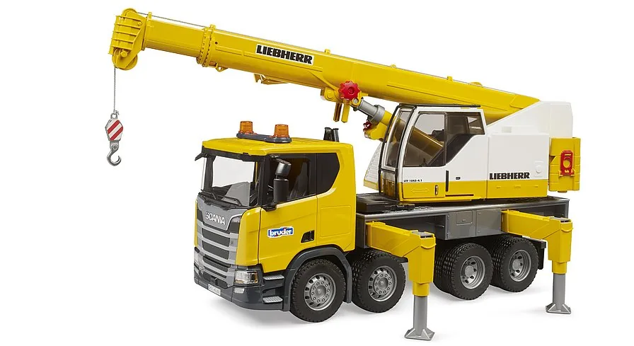 Bruder Scania Super 560R Kran-LKW in Gelb mit Liebherr-Mobilkran und Abstützungen, 1:16