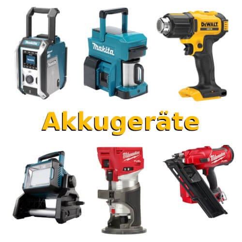 Vielseitige Akkugeräte für Baustelle & Werkstatt: Baustellenradio, Nagler, Heißluftföhn und Oberfräse.
