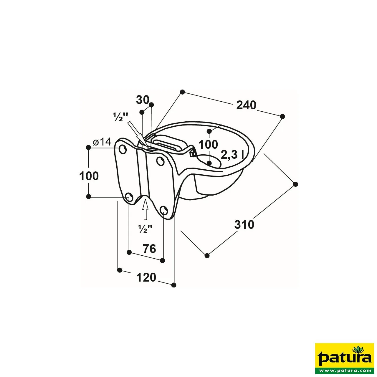 Maßzeichnung des Patura Zungenventil-Beckens Modell 115
