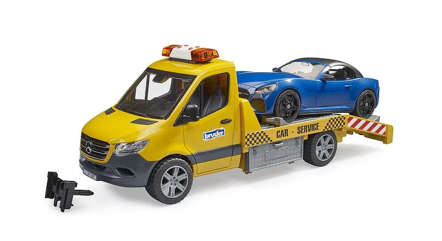 Gelber BRUDER Abschleppwagen auf Sprinter-Basis mit Seilwinde und Unterlegkeilen zur Ladungssicherung