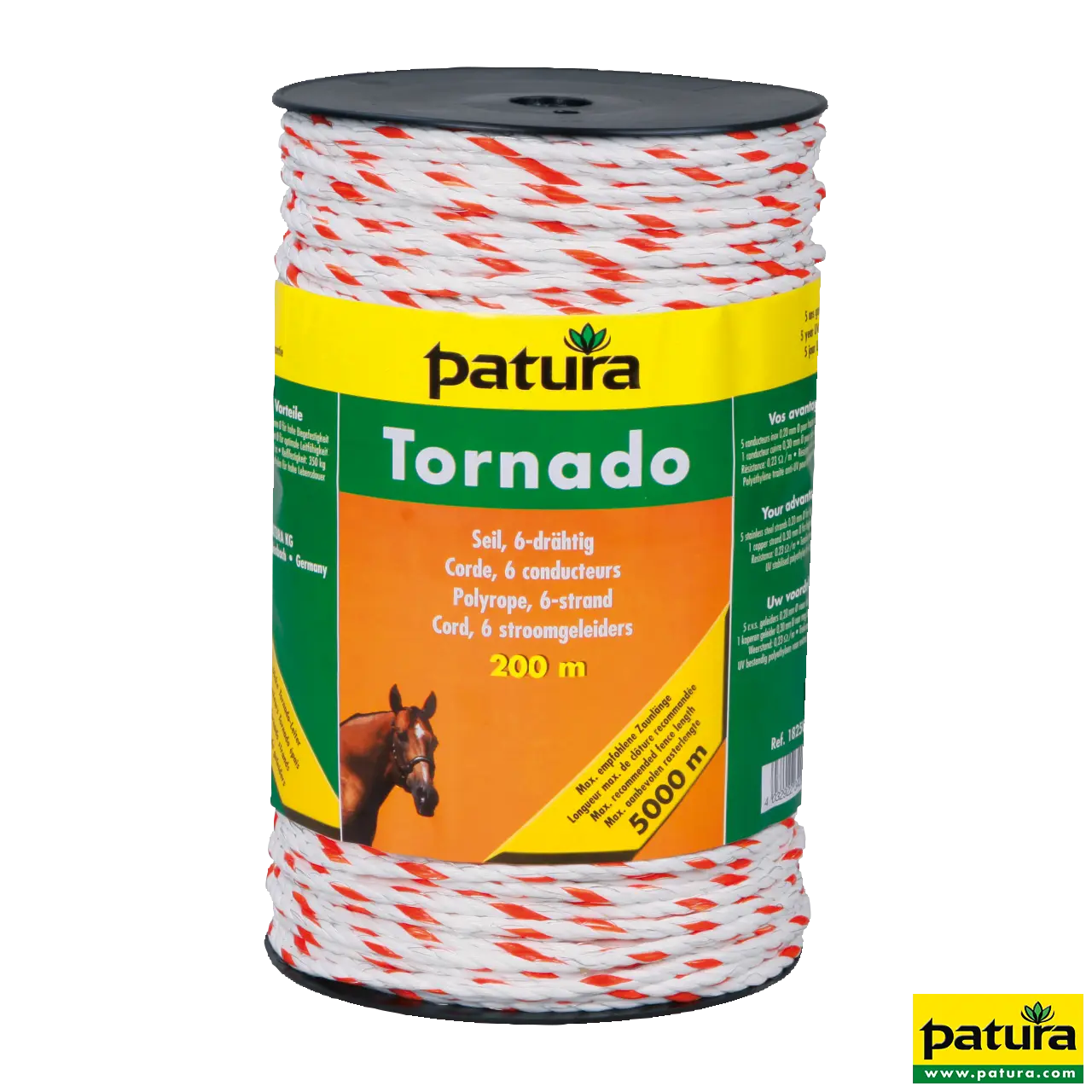 Patura Tornado Seil weiß-orange auf 200-m-Rolle mit 5 Edelstahl- und 1 Kupferleiter, Elektroseil