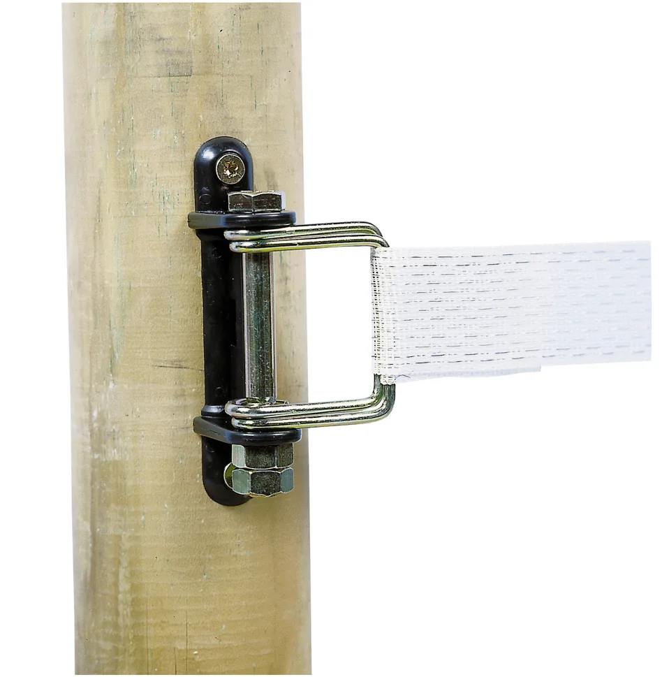 Eckisolator mit Zusatzbügel und Weideband am Holzpfosten