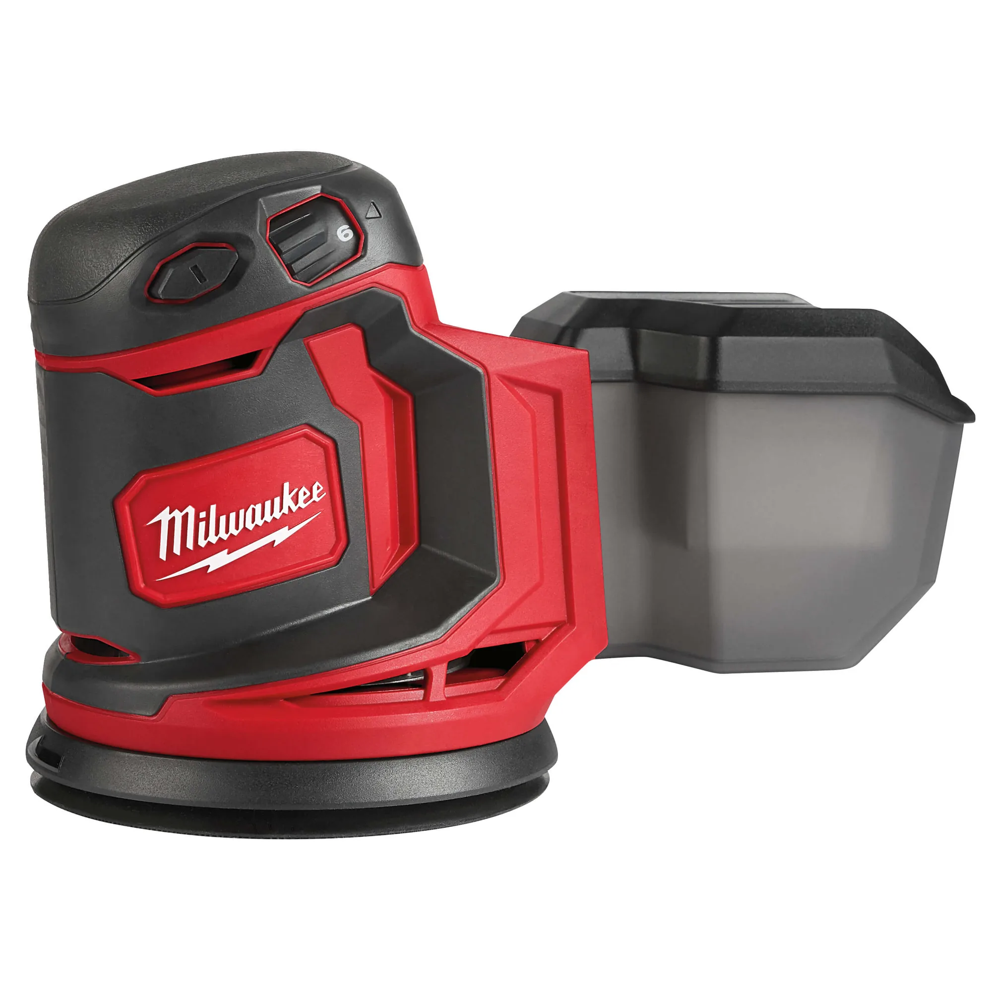 Milwaukee M18 BOS125 Akku-Exzenterschleifer in Rot-Schwarz mit Staubbox