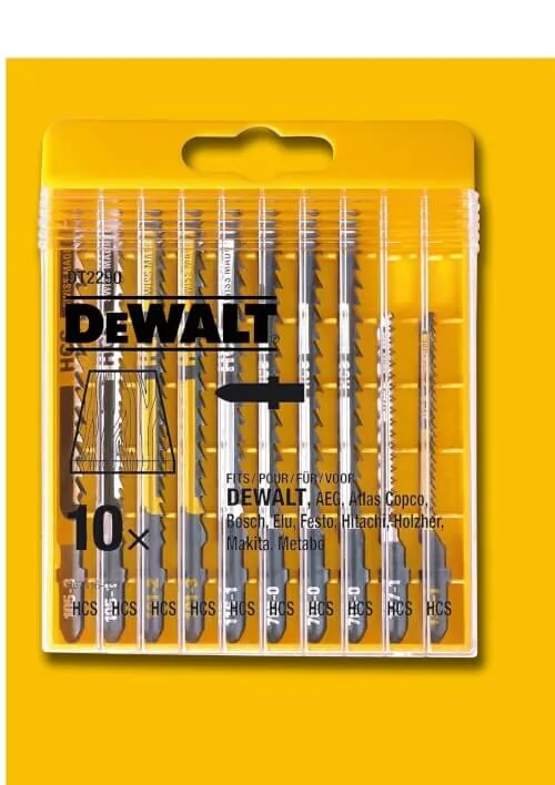 DeWalt DT2290 Stichsägeblätter-Set für Holz, 10-teilig mit HCS-Blättern in Kunststoffbox