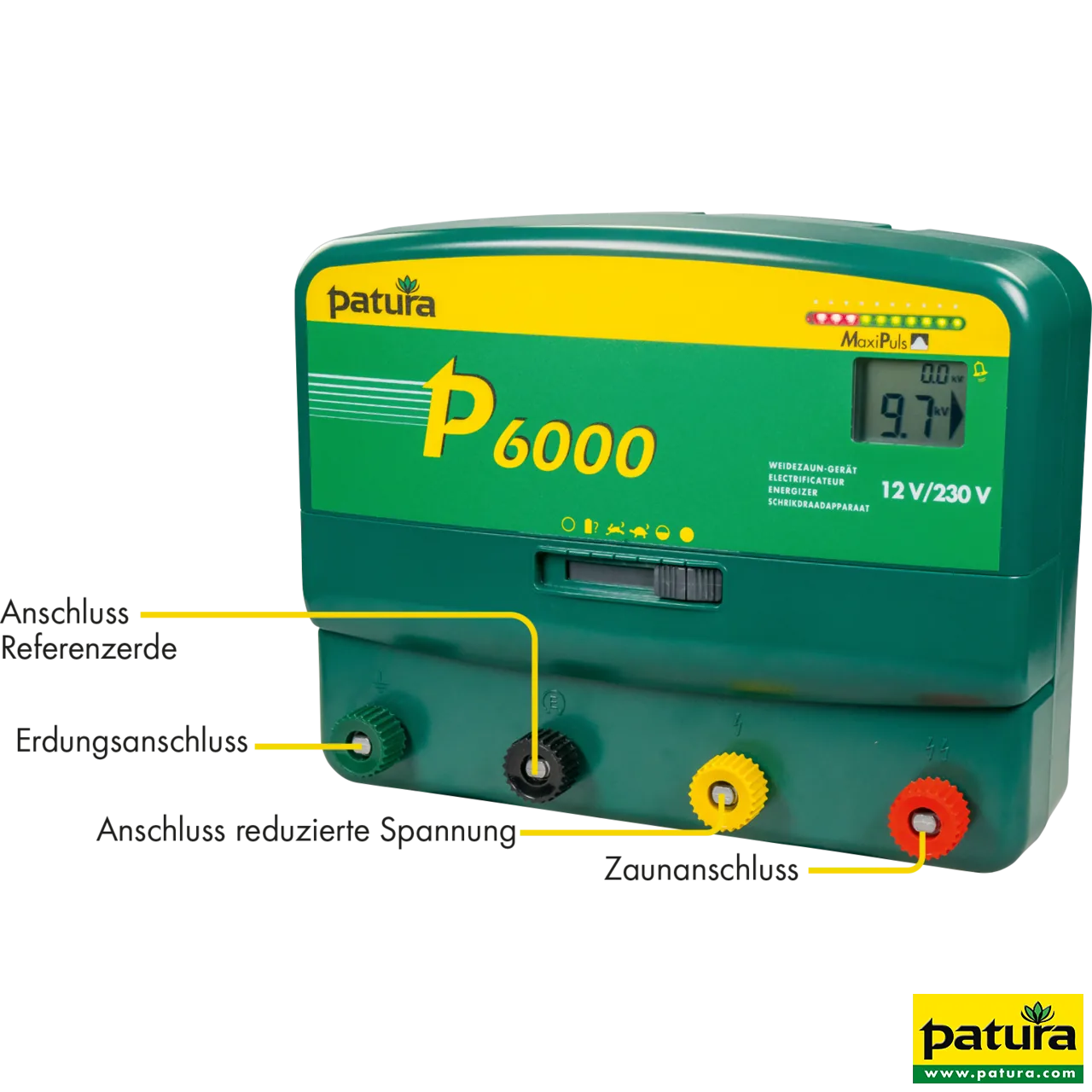 Patura P6000 MaxiPuls Weidezaungerät 230 V und 12 V mit Display und Anschlüssen